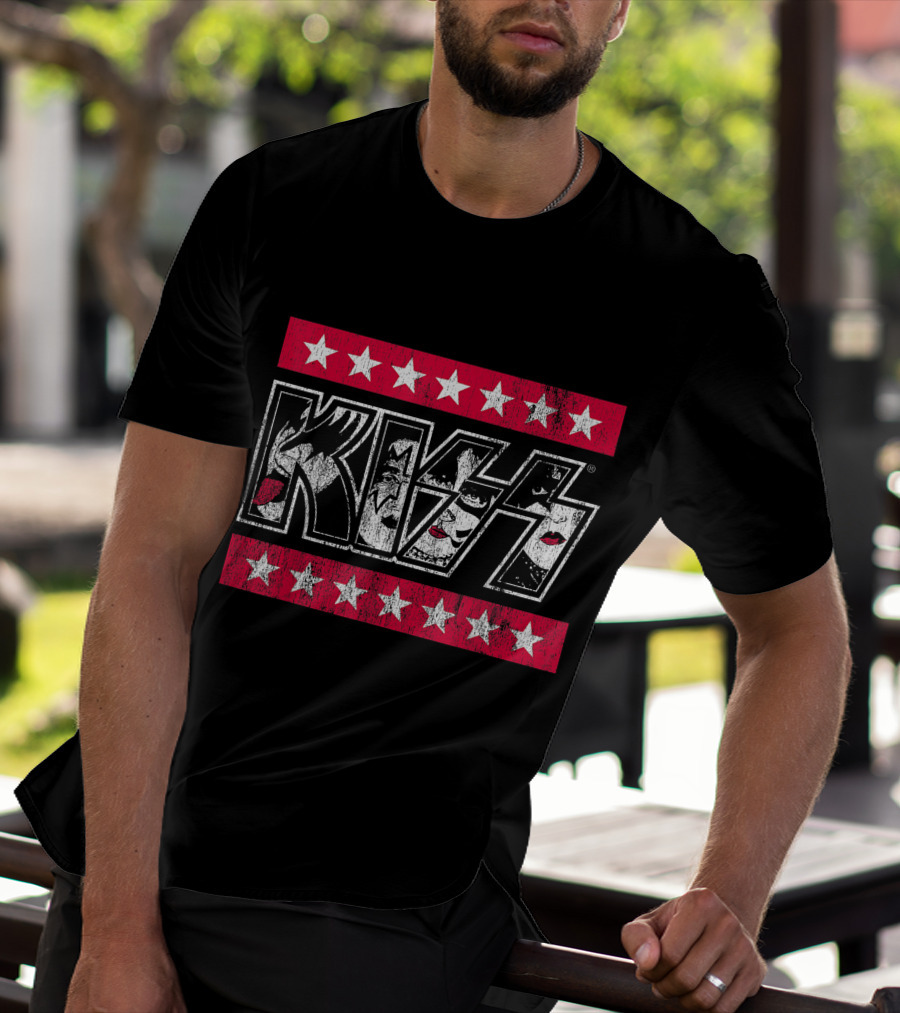 KISS Rock N Roll Stars Faces With Red And White Stars T-Shirt