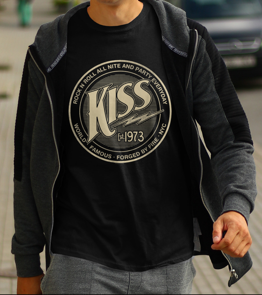 KISS Rock N Roll All Nite And Party Everyday World Famous Est. 1973 Forged By Fire NYC T-Shirt