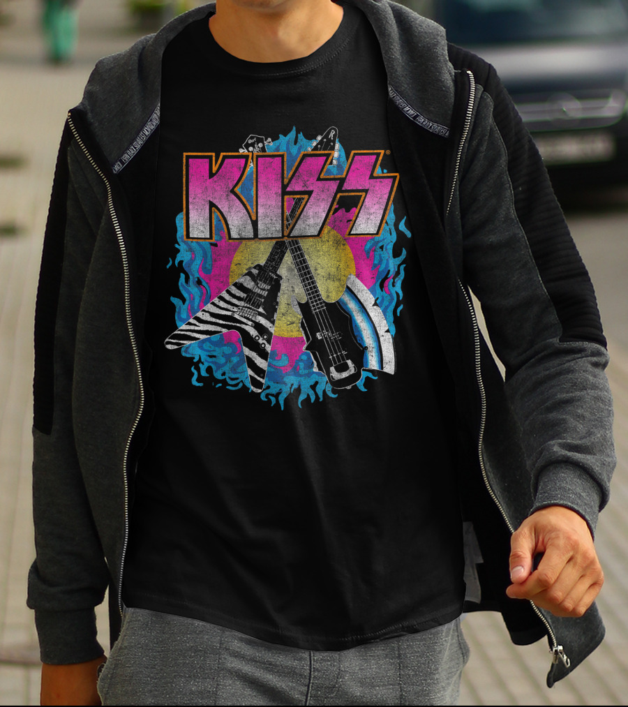 KISS Young Wasted Zebra Stripe Flying V And Bass With Flaming Background T-Shirt