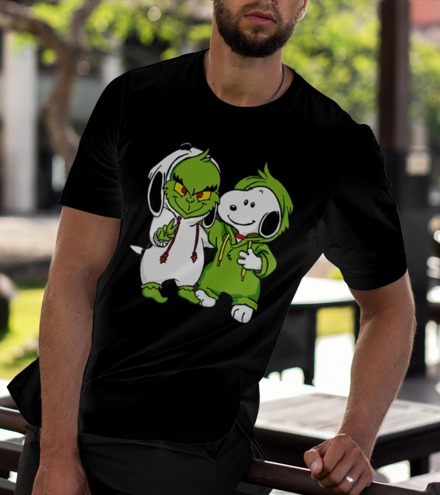 Grinch And Snoopy Christmas Crossover Characters In Festive Hoodies T-Shirt
