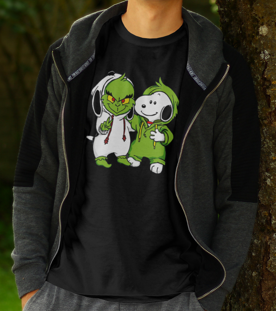Grinch And Snoopy Christmas Crossover Characters In Festive Hoodies T-Shirt