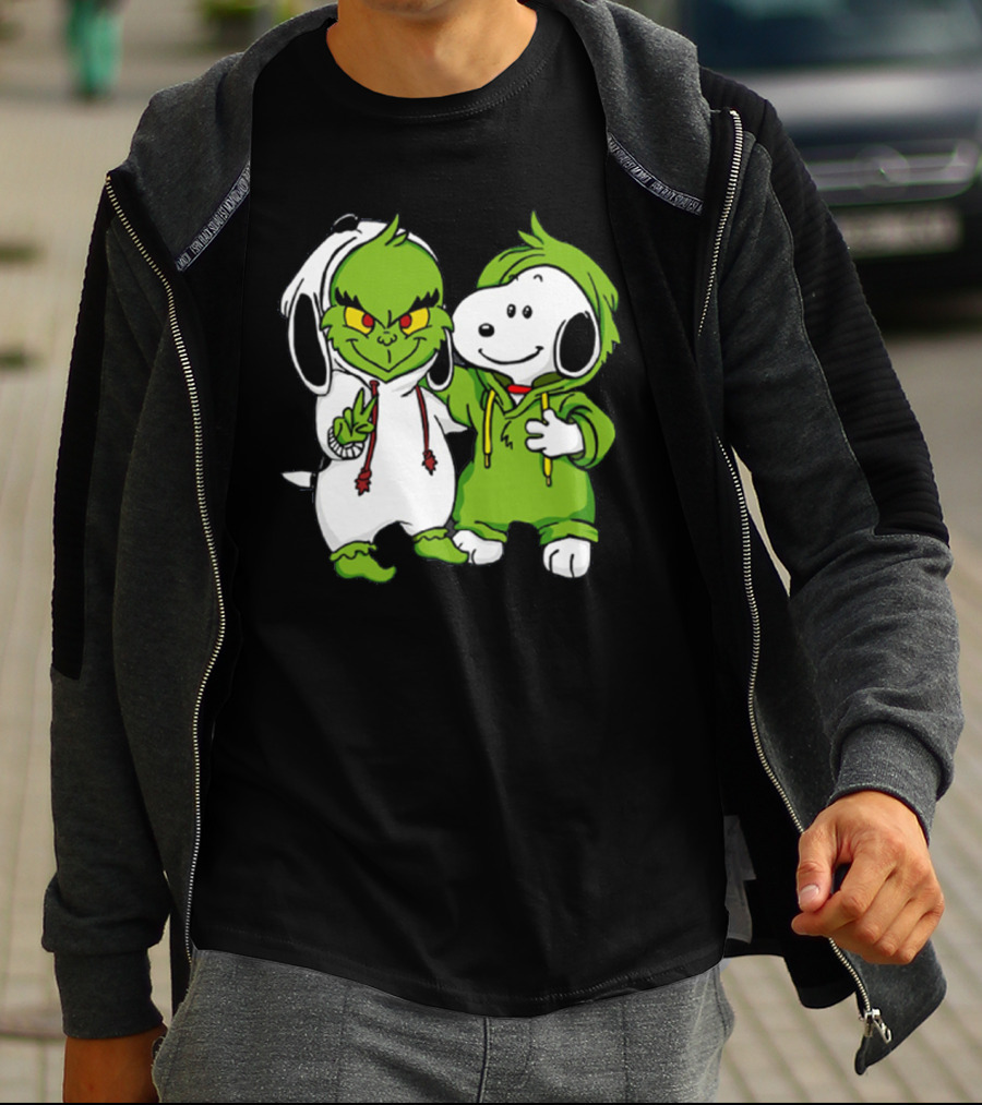 Grinch And Snoopy Christmas Crossover Characters In Festive Hoodies T-Shirt