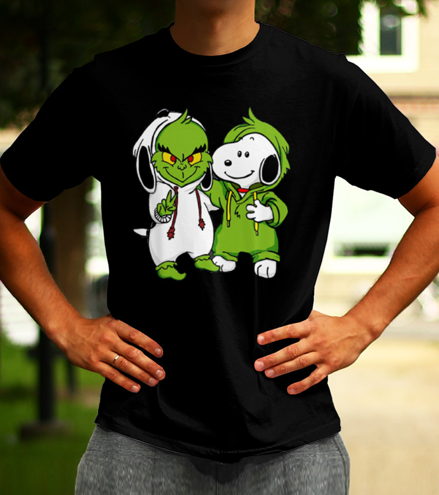 Grinch And Snoopy Christmas Crossover Characters In Festive Hoodies T-Shirt