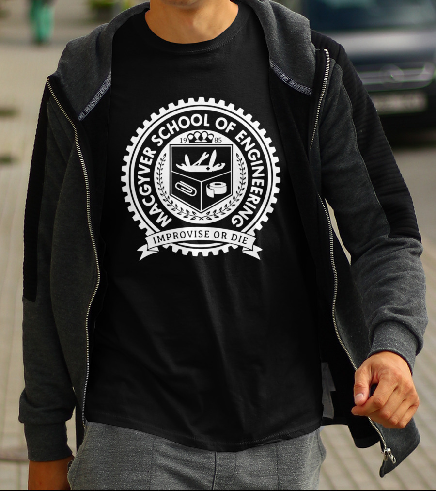 MACGYVER SCHOOL OF ENGINEERING IMPROVISE OR DIE SEAL 1985 T-Shirt