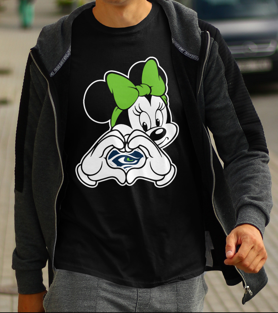 Seattle Seahawks Minnie Mouse Heart Hands Green Bow T-Shirt
