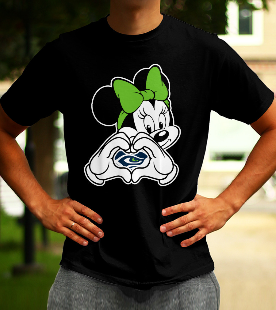 Seattle Seahawks Minnie Mouse Heart Hands Green Bow T-Shirt