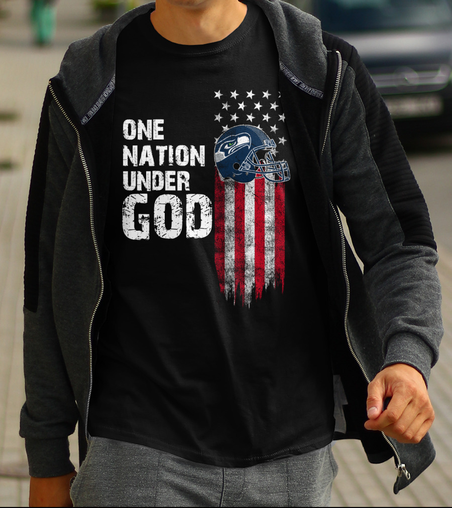 One Nation Under God Seattle Seahawks American Flag Football Helmet T-Shirt