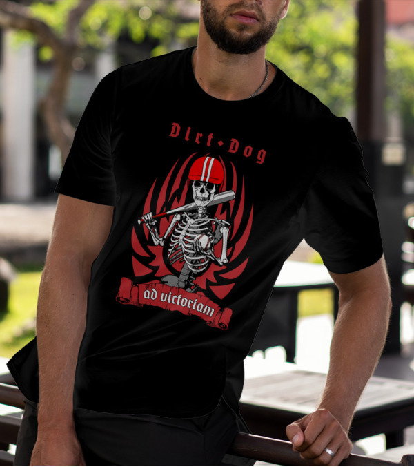 Dirt Dog Baseball Player Skeleton Ad Victoriam Red Helmet Bat Wings T-Shirt