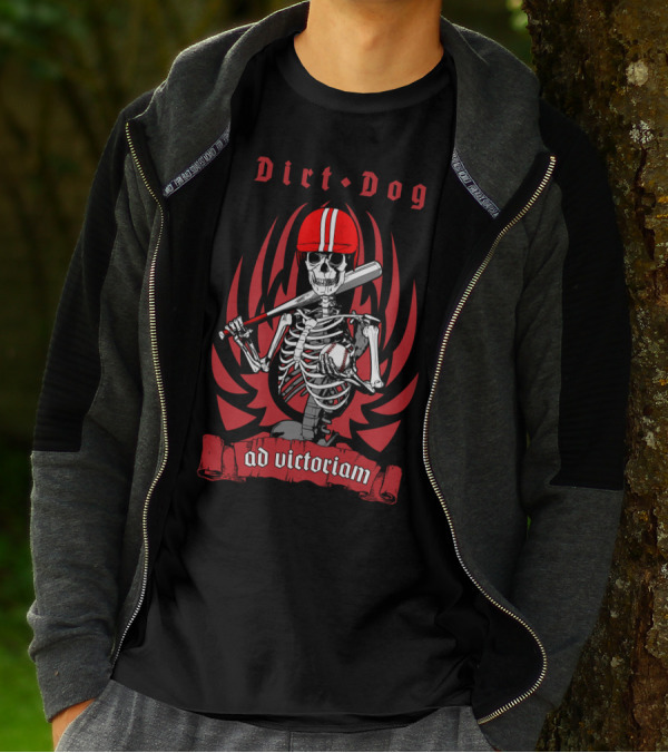 Dirt Dog Baseball Player Skeleton Ad Victoriam Red Helmet Bat Wings T-Shirt