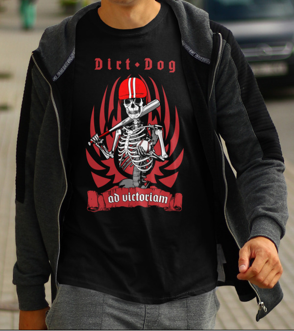 Dirt Dog Baseball Player Skeleton Ad Victoriam Red Helmet Bat Wings T-Shirt