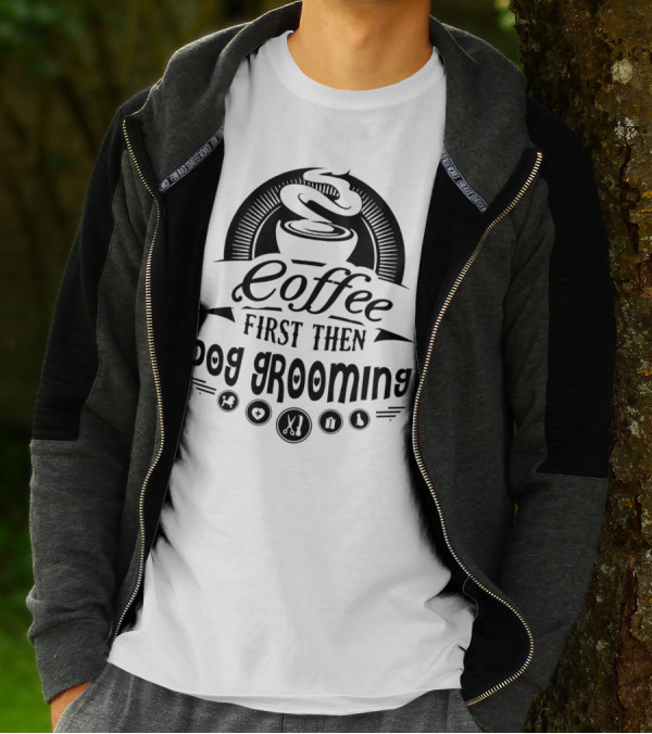 Coffee First Then Dog Grooming With Icons Of Pets Scissors And Pawprints T-Shirt