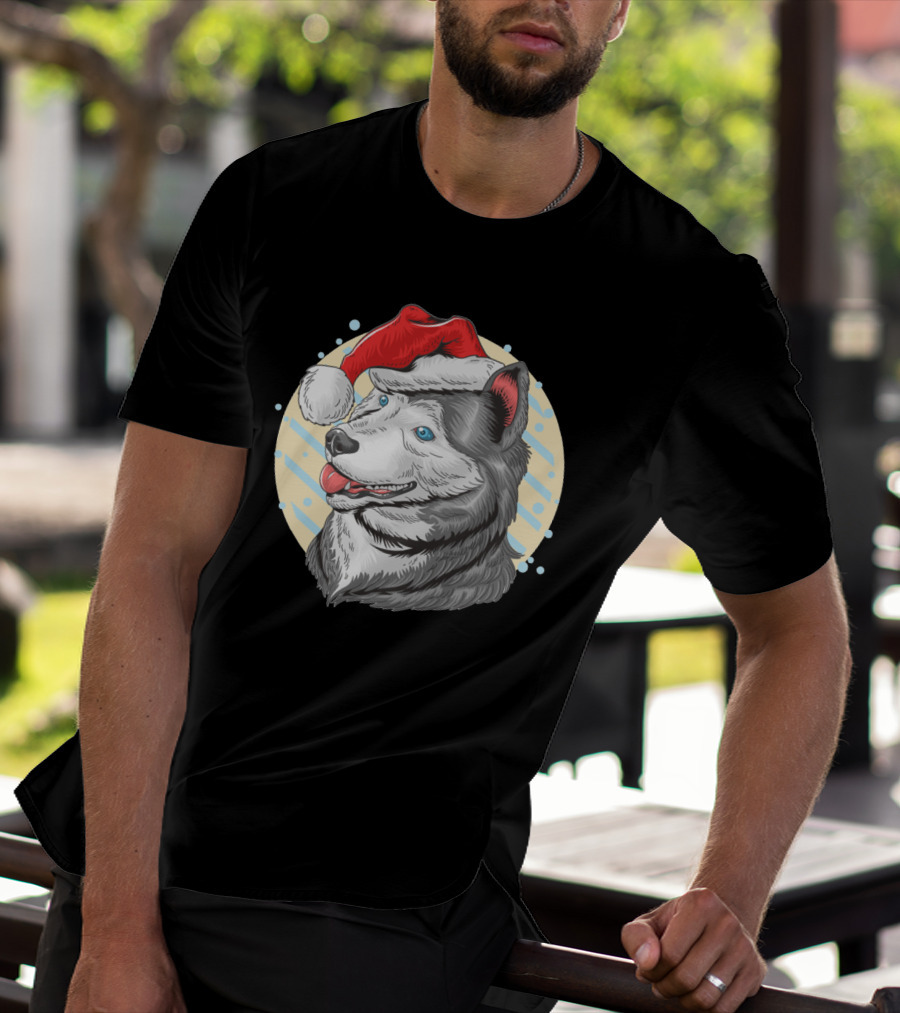 Christmas Santa Claus Husky Dog With Red Hat T-Shirt