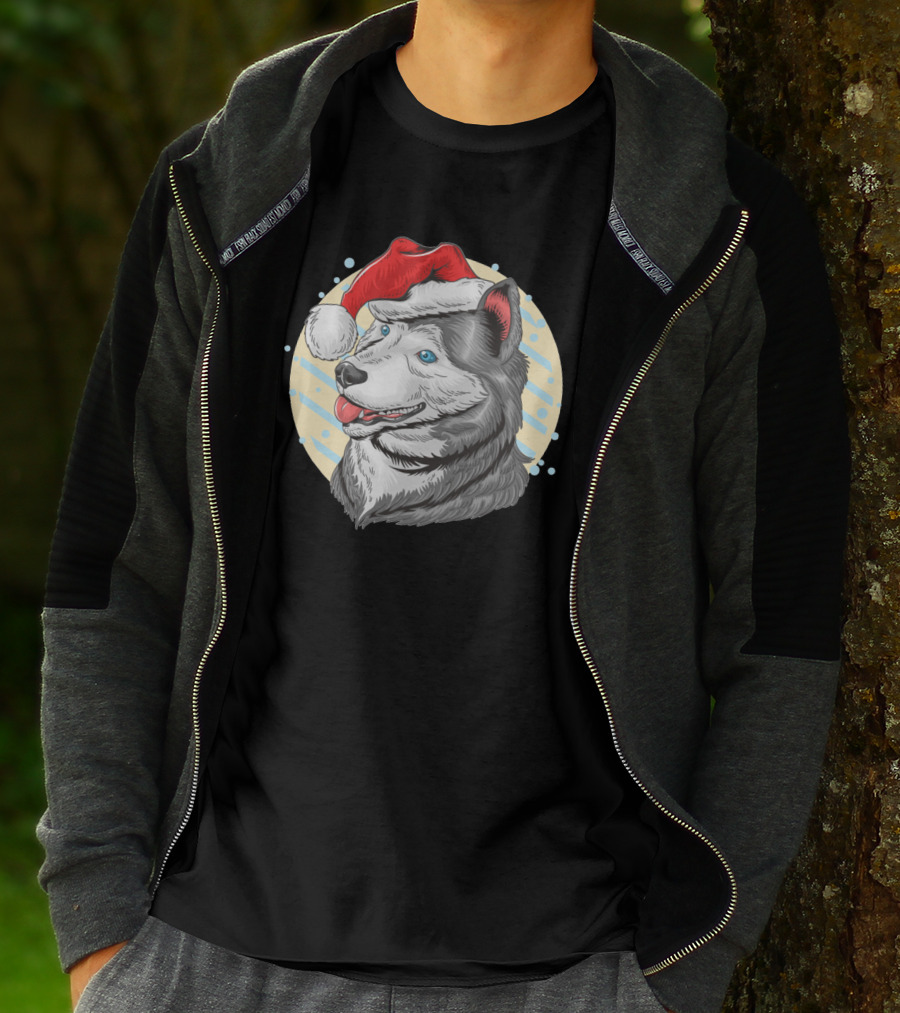 Christmas Santa Claus Husky Dog With Red Hat T-Shirt