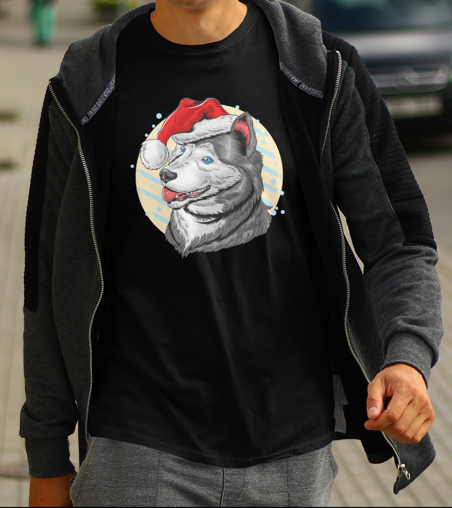 Christmas Santa Claus Husky Dog With Red Hat T-Shirt