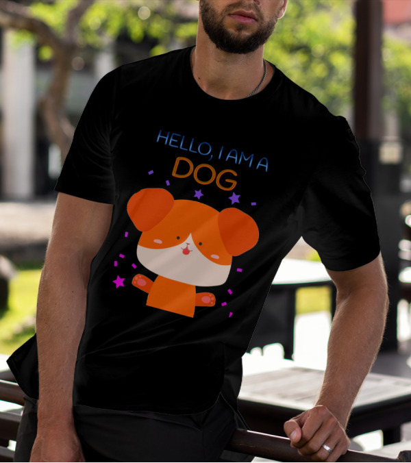 Hello I Am A Dog Cartoon With Colorful Confetti And Stars T-Shirt