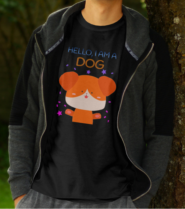 Hello I Am A Dog Cartoon With Colorful Confetti And Stars T-Shirt