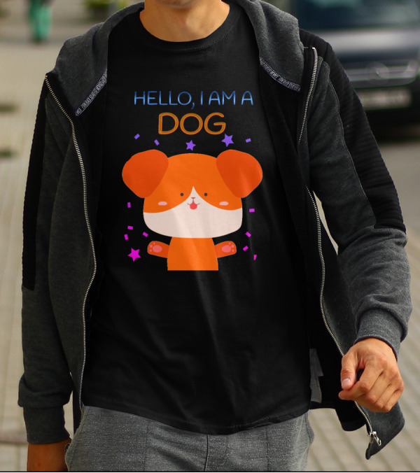 Hello I Am A Dog Cartoon With Colorful Confetti And Stars T-Shirt