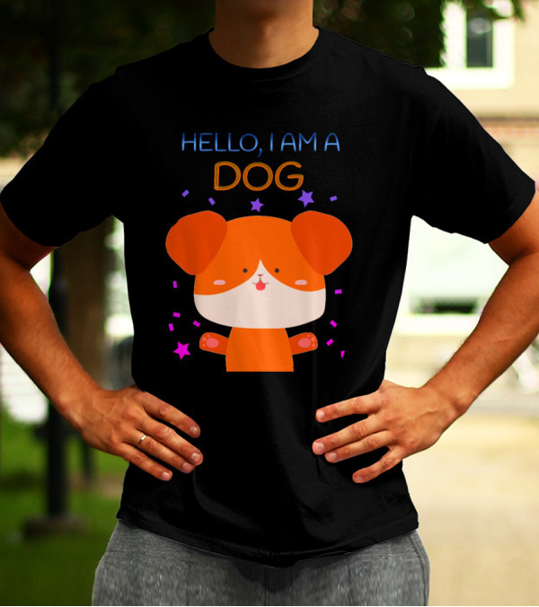 Hello I Am A Dog Cartoon With Colorful Confetti And Stars T-Shirt