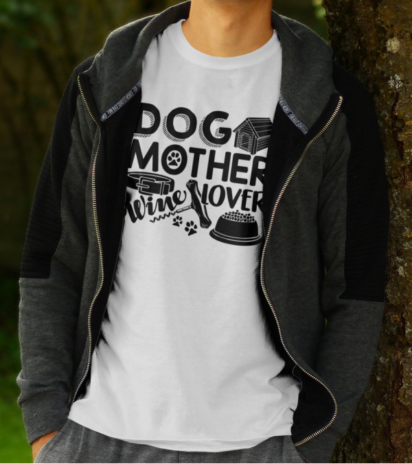 Dog Mother Wine Lover Doghouse Paw Print Collar Corkscrew Food Bowl Icons T-Shirt
