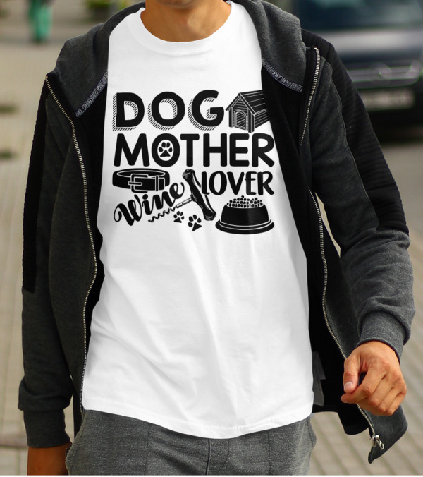 Dog Mother Wine Lover Doghouse Paw Print Collar Corkscrew Food Bowl Icons T-Shirt