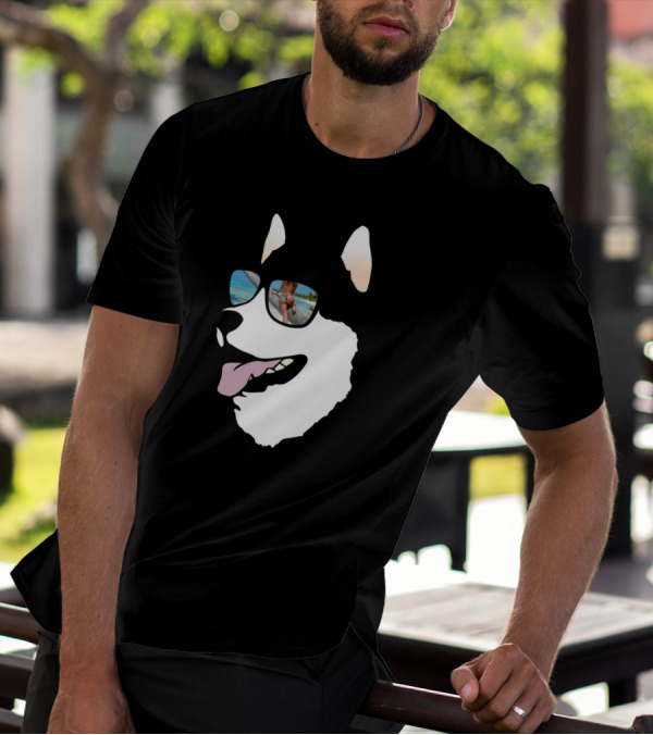 Dog Wearing Sunglasses With Beach Reflection Of Person Running T-Shirt