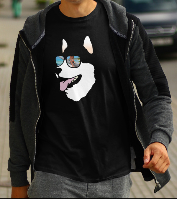 Dog Wearing Sunglasses With Beach Reflection Of Person Running T-Shirt