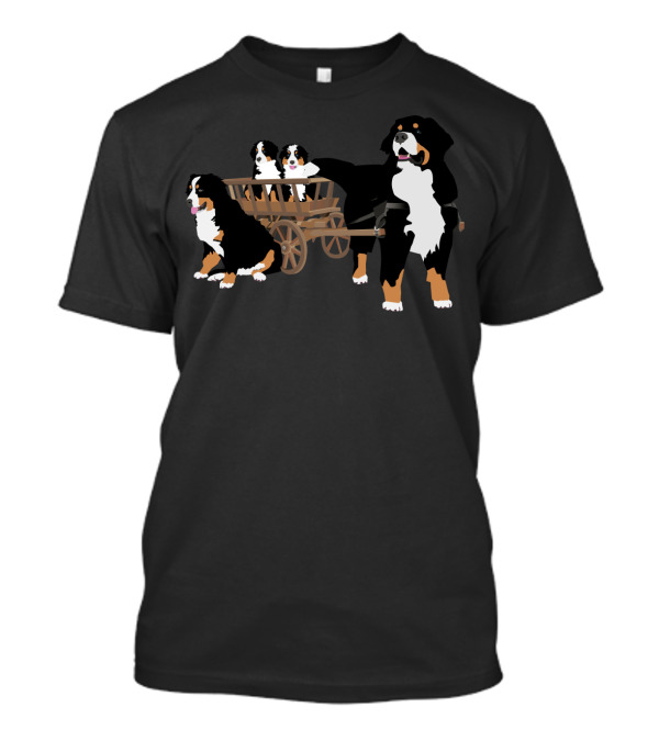 Bernese Mountain Dog Family Pulling Wooden Wagon With Puppies T-Shirt