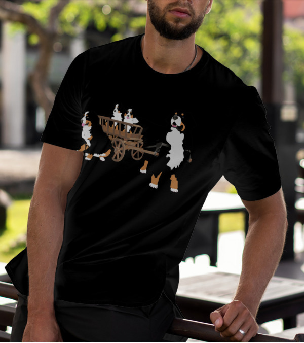 Bernese Mountain Dog Family Pulling Wooden Wagon With Puppies T-Shirt