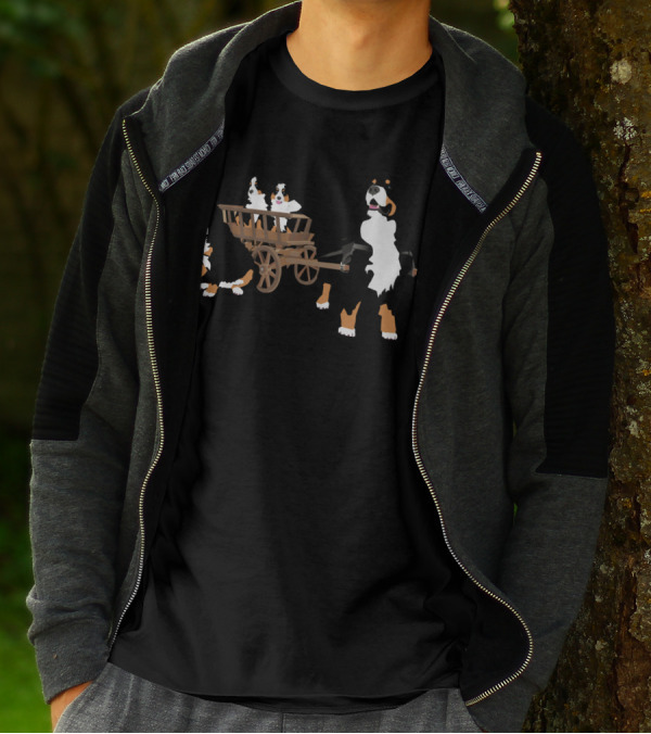 Bernese Mountain Dog Family Pulling Wooden Wagon With Puppies T-Shirt