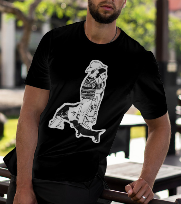 Pablo Picasso And His Dog Lump Sketch With Striped Sweater Man And Woman In Hat T-Shirt