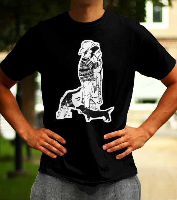 Pablo Picasso And His Dog Lump Sketch With Striped Sweater Man And Woman In Hat T-Shirt