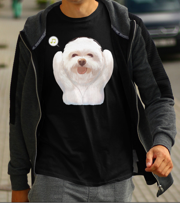 Cute Fluffy Dog With Headphones And Music Note T-Shirt