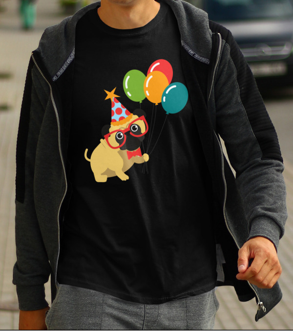 Celebratory Pug In Party Hat With Balloons Happy Birthday MyDog T-Shirt