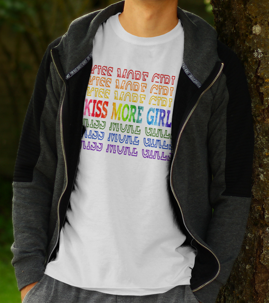 Kiss More Girls Rainbow Pride Repeated Text T-Shirt