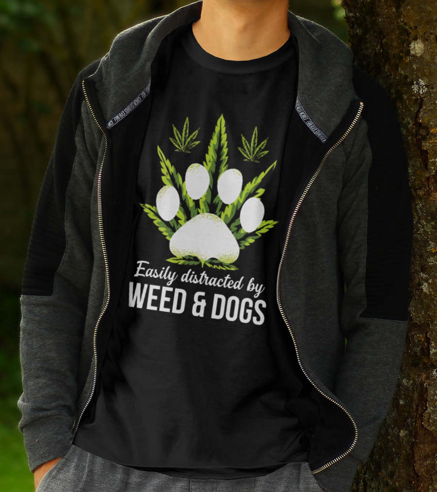 Easily Distracted By Weed And Dogs With Paw And Cannabis Leaves T-Shirt