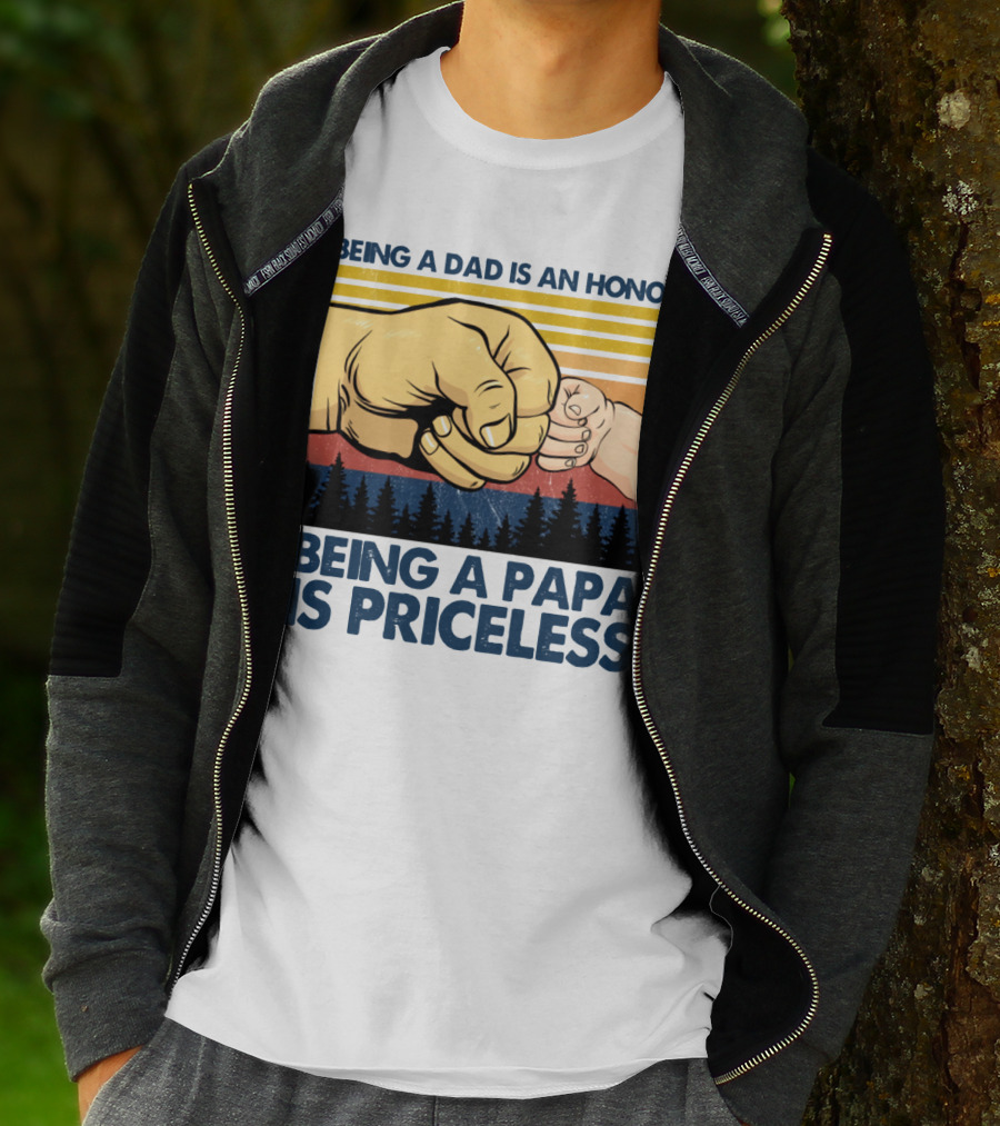 Being A Dad Is An Honor Being A Papa Is Priceless Fist Bump Sunset Forest Motif T-Shirt