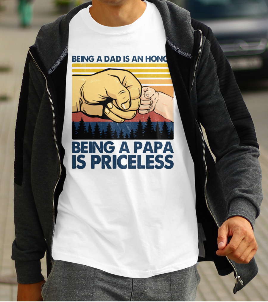 Being A Dad Is An Honor Being A Papa Is Priceless Fist Bump Sunset Forest Motif T-Shirt
