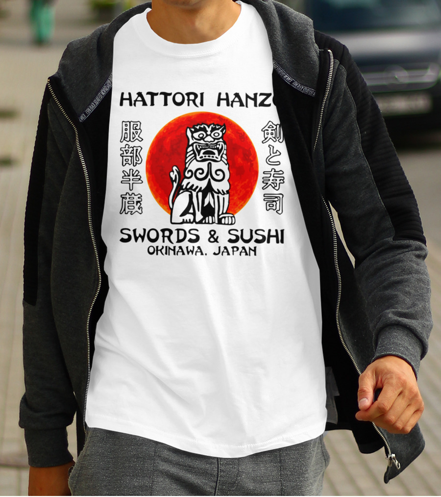 Hattori Hanzo Swords And Sushi Okinawa Japan Guardian Lion Red Sun T-Shirt