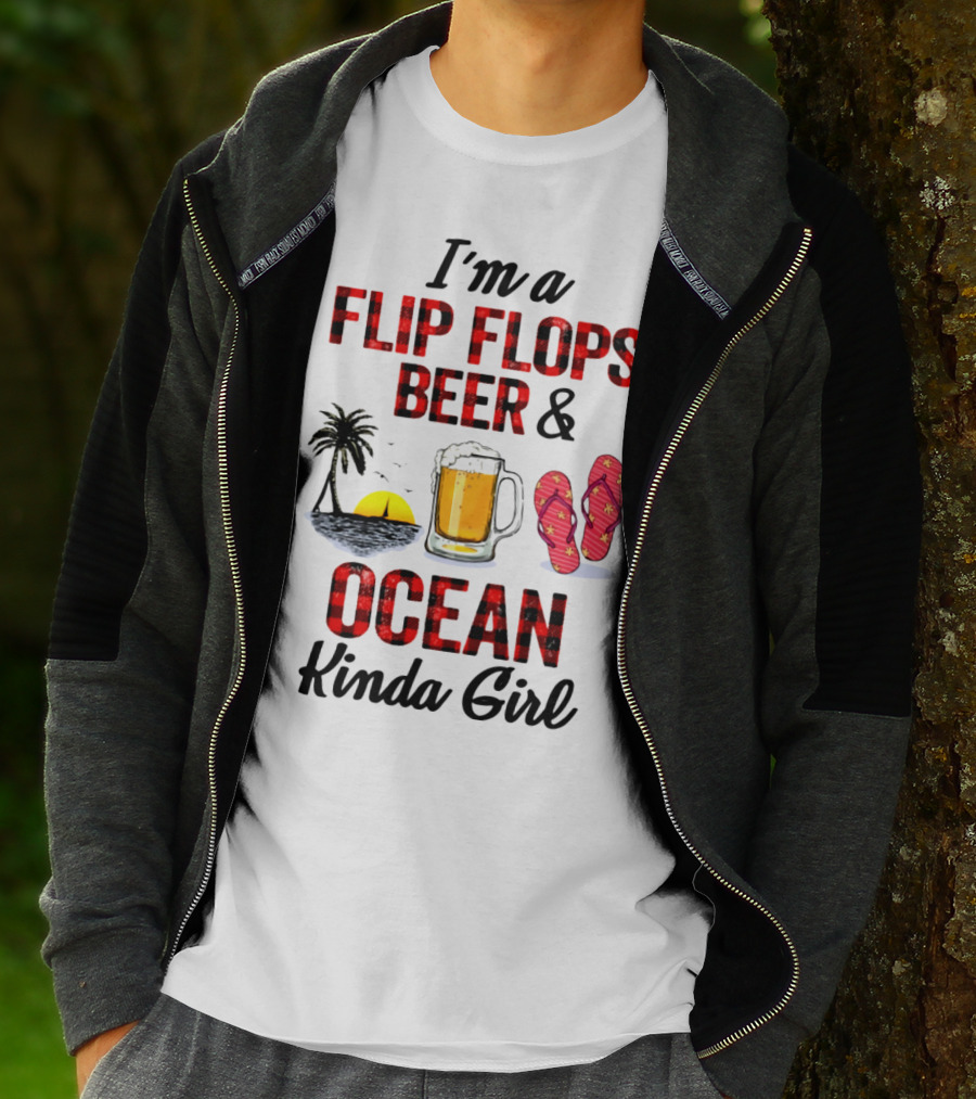 I'm A Flip Flops Beer Ocean Kinda Girl Palm Tree Sunset Red T-Shirt