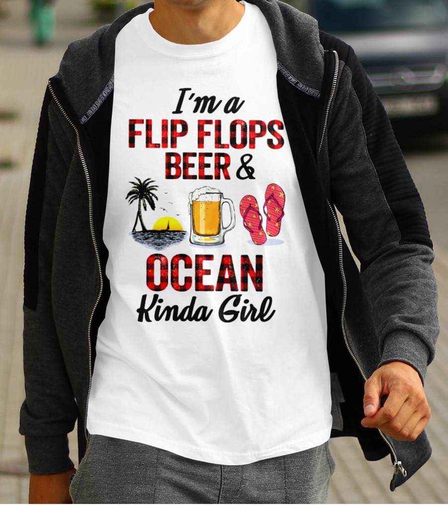 I'm A Flip Flops Beer Ocean Kinda Girl Palm Tree Sunset Red T-Shirt