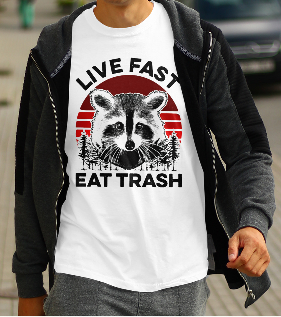 Live Fast Eat Trash Raccoon Forest Sunset T-Shirt