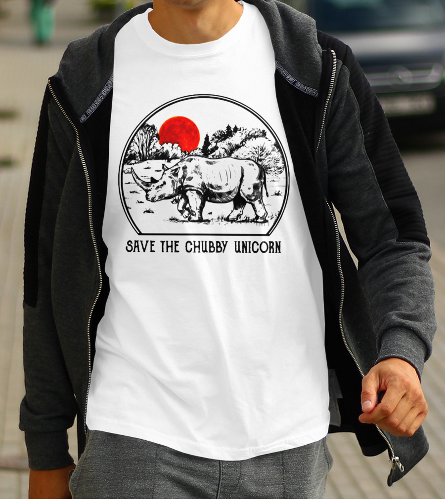 Save The Chubby Unicorn Rhino Illustration With Red Sun And Landscape T-Shirt