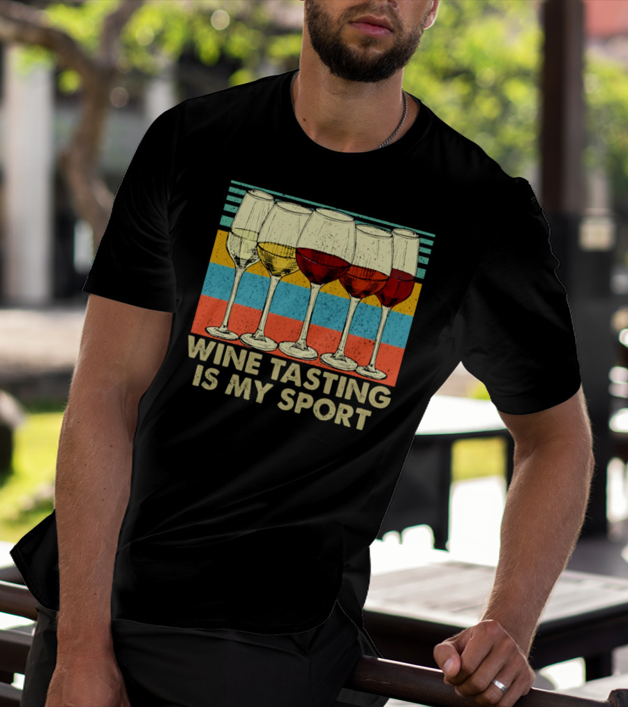 Wine Tasting Is My Sport Retro Wine Glasses On Colorful Stripes T-Shirt