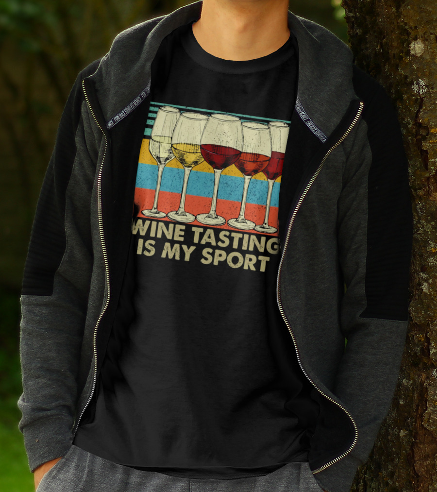 Wine Tasting Is My Sport Retro Wine Glasses On Colorful Stripes T-Shirt