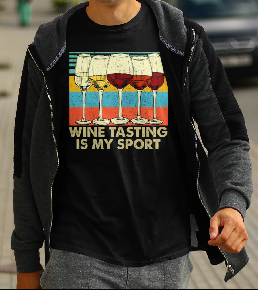 Wine Tasting Is My Sport Retro Wine Glasses On Colorful Stripes T-Shirt