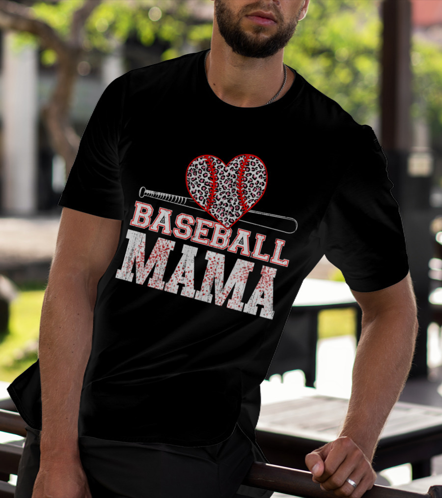 Baseball Mama Leopard Heart Bat T-Shirt