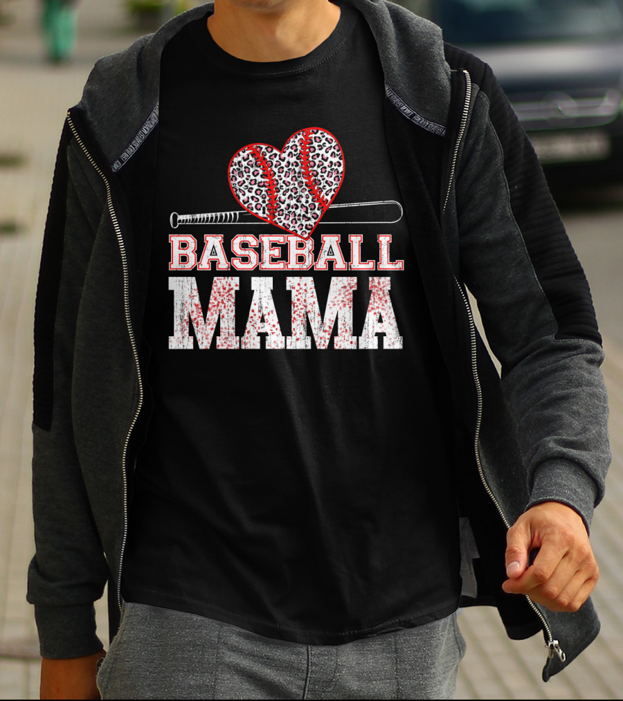 Baseball Mama Leopard Heart Bat T-Shirt