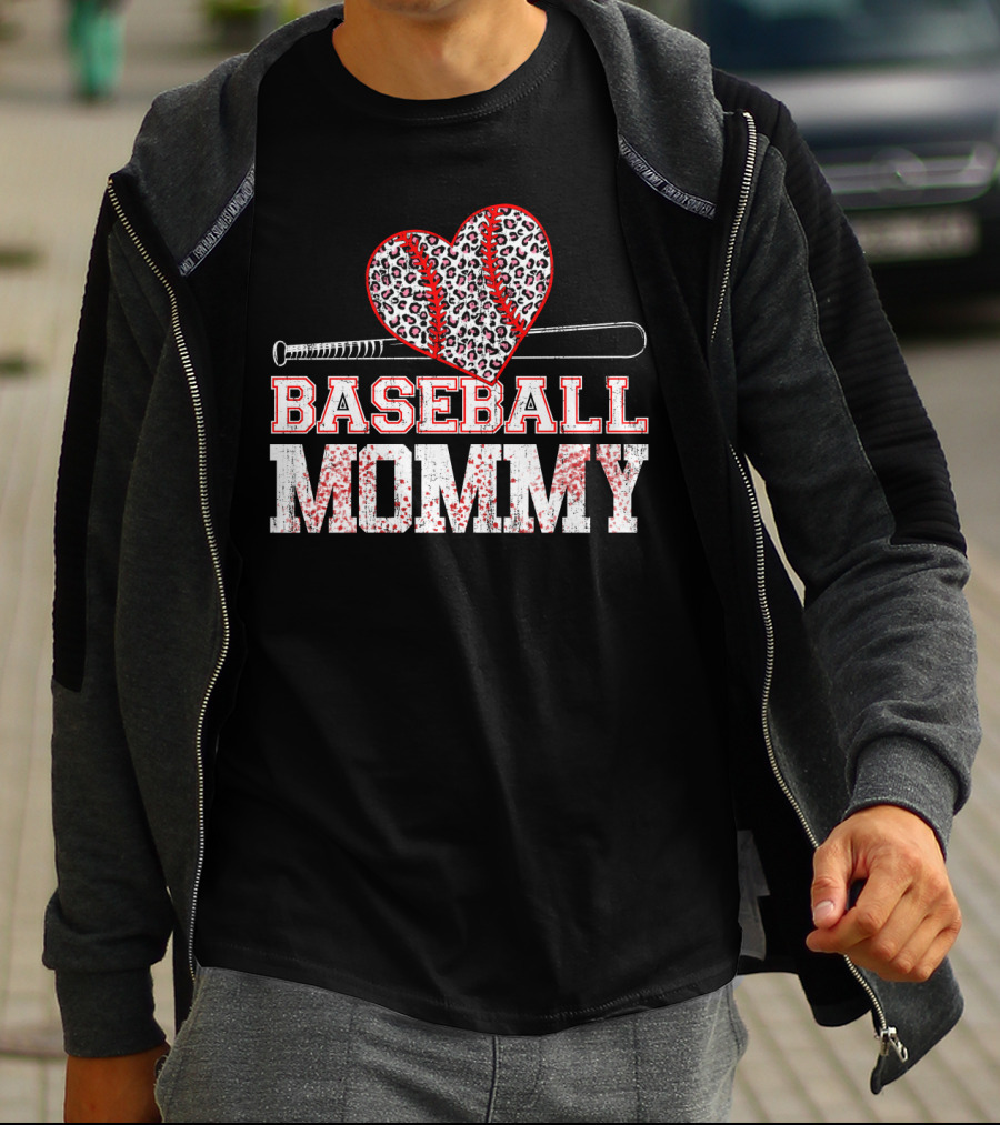 Baseball Mommy Leopard Heart With Bat T-Shirt