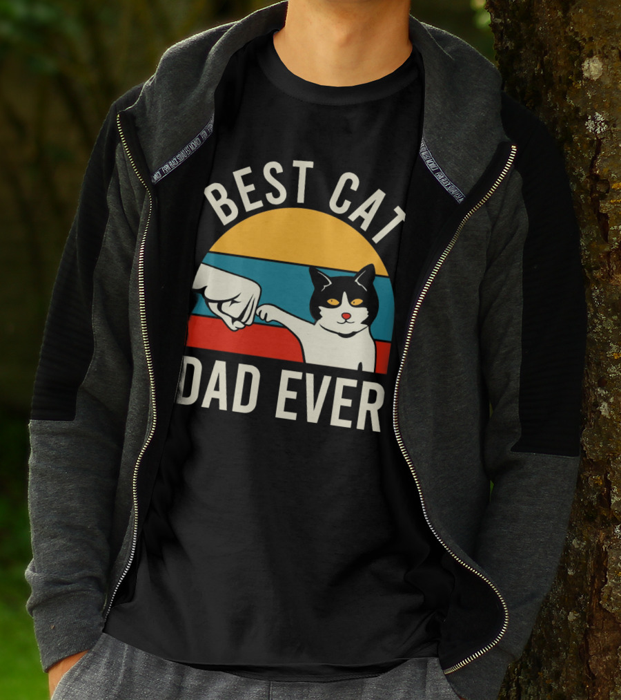 Best Cat Dad Ever Vintage Retro Cat Fist Bump Sunburst T-Shirt