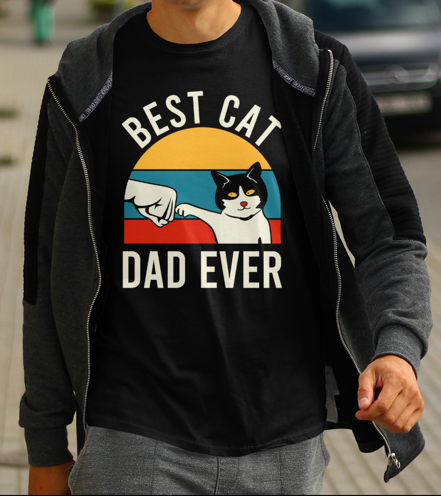 Best Cat Dad Ever Vintage Retro Cat Fist Bump Sunburst T-Shirt